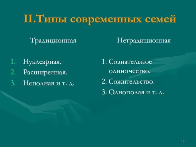 II.Типы современных семей Традиционная Нуклеарная. Расширенная. Неполная и т. д. Нетрадиционная 1.