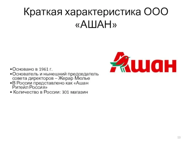 Краткая характеристика ООО «АШАН» Основано в 1961 г. Основатель и нынешний председатель