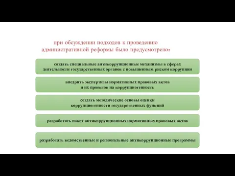 при обсуждении подходов к проведению административной реформы было предусмотрено: создать специальные антикоррупционные