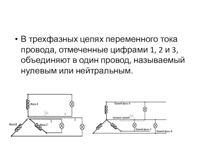 В трехфазных цепях переменного тока провода, отмеченные цифрами 1, 2 и 3,