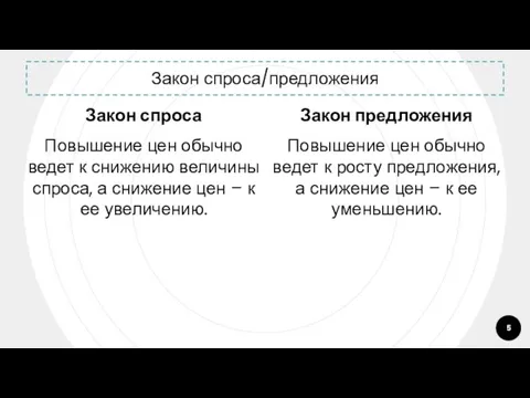 Закон спроса/предложения Закон спроса Повышение цен обычно ведет к снижению величины спроса,