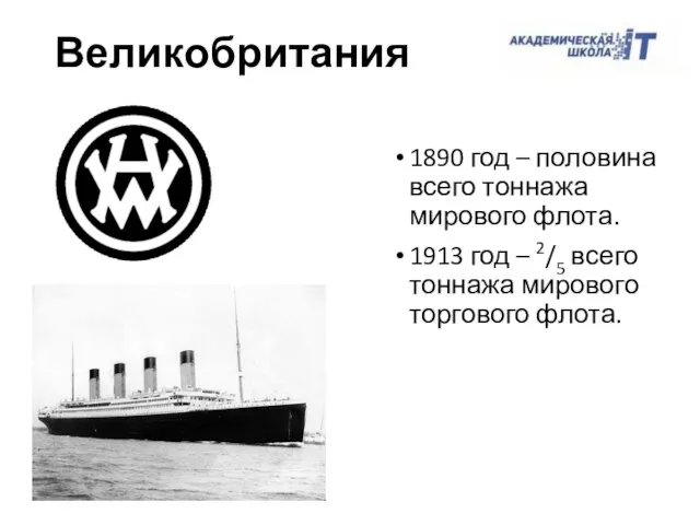 Великобритания 1890 год – половина всего тоннажа мирового флота. 1913 год –