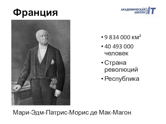 9 834 000 км² 40 493 000 человек Страна революций Республика Франция Мари-Эдм-Патрис-Морис де Мак-Магон