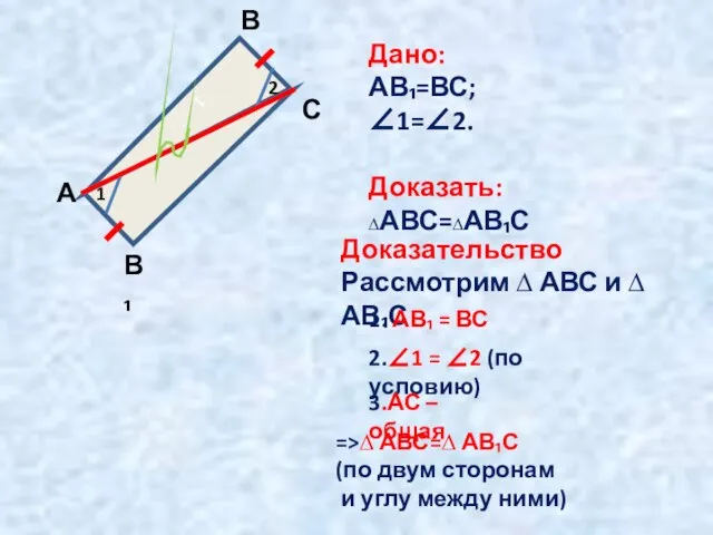 1 1 2 А В С В₁ Дано: АВ₁=ВС; ∠1=∠2. Доказать: ∆АВС=∆АВ₁С