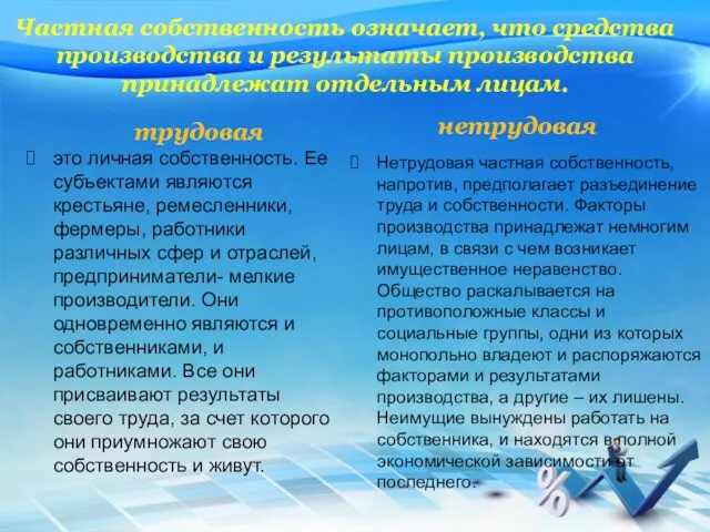 Частная собственность означает, что средства производства и результаты производства принадлежат отдельным лицам.