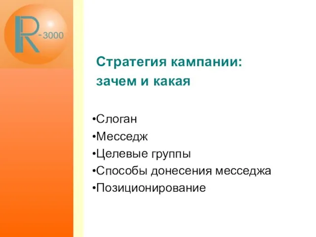 Стратегия кампании: зачем и какая Слоган Месседж Целевые группы Способы донесения месседжа Позиционирование