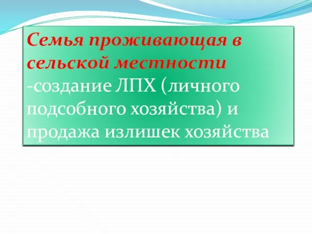 Семья проживающая в сельской местности -создание ЛПХ (личного подсобного хозяйства) и продажа излишек хозяйства