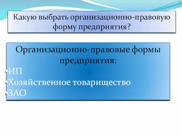 Какую выбрать организационно-правовую форму предприятия? Организационно-правовые формы предприятия: ИП Хозяйственное товарищество ЗАО