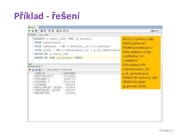 Příklad - řešení STRANA SELECT o.jmeno_odd, SUM (p.premie) FROM zamestnanci z JOIN
