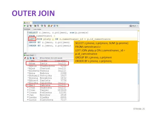 OUTER JOIN STRANA SELECT z.jmeno, z.prijmeni, SUM (p.premie) FROM zamestnanci z LEFT