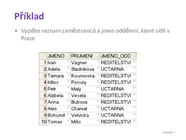 Příklad Vypište seznam zaměstnanců a jmen oddělení, které sídlí v Praze STRANA