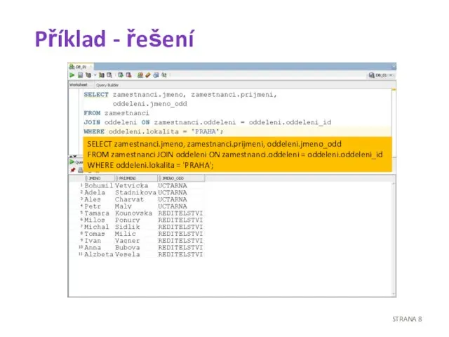 Příklad - řešení STRANA SELECT zamestnanci.jmeno, zamestnanci.prijmeni, oddeleni.jmeno_odd FROM zamestnanci JOIN oddeleni