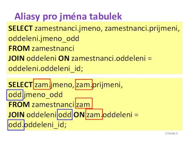 Aliasy pro jména tabulek STRANA SELECT zamestnanci.jmeno, zamestnanci.prijmeni, oddeleni.jmeno_odd FROM zamestnanci JOIN