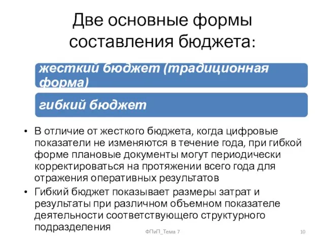 Две основные формы составления бюджета: В отличие от жесткого бюджета, когда цифровые