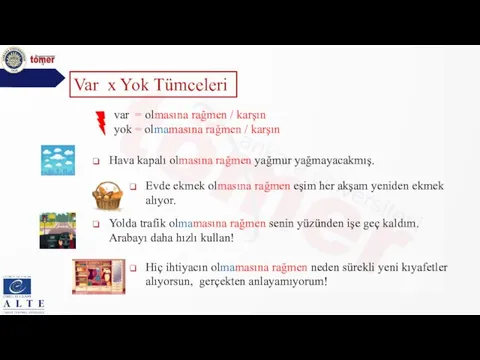 Var x Yok Tümceleri Hava kapalı olmasına rağmen yağmur yağmayacakmış. Evde ekmek