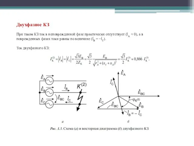 Двухфазное КЗ При таком КЗ ток в неповрежденной фазе практически отсутствует (IA