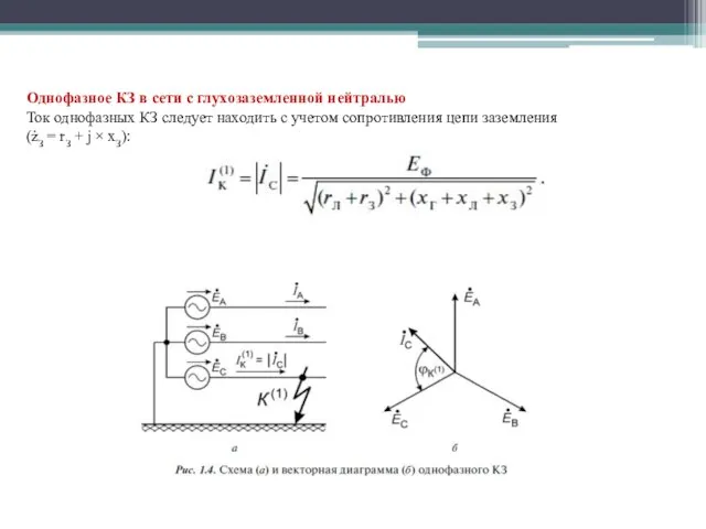 Однофазное КЗ в сети с глухозаземленной нейтралью Ток однофазных КЗ следует находить