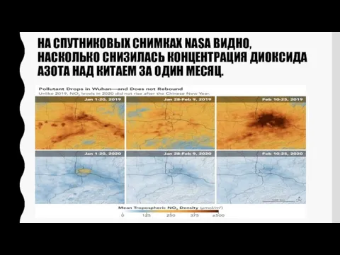 НА СПУТНИКОВЫХ СНИМКАХ NASA ВИДНО, НАСКОЛЬКО СНИЗИЛАСЬ КОНЦЕНТРАЦИЯ ДИОКСИДА АЗОТА НАД КИТАЕМ ЗА ОДИН МЕСЯЦ.