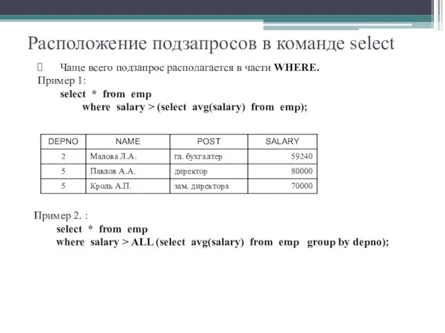 Расположение подзапросов в команде select Чаще всего подзапрос располагается в части WHERE.