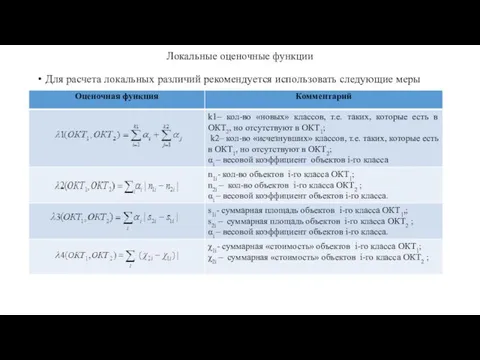 Локальные оценочные функции Для расчета локальных различий рекомендуется использовать следующие меры