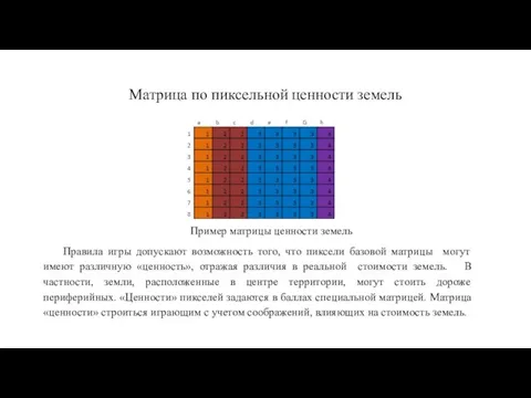 Матрица по пиксельной ценности земель Правила игры допускают возможность того, что пиксели