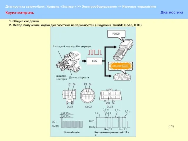 (1/1) Круиз-контроль Диагностика Выходной вал коробки передач Ведомая шестерня Датчик скорости 0,25