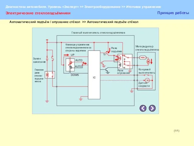 (1/1) Электрические стеклоподъёмники Принцип работы Главный выключатель стеклоподъёмников Замок зажигания Главное реле