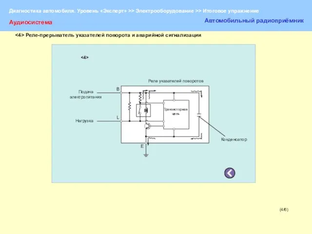 (4/6) Аудиосистема Автомобильный радиоприёмник Подача электропитания Нагрузка Реле указателей поворотов Транзисторная цепь