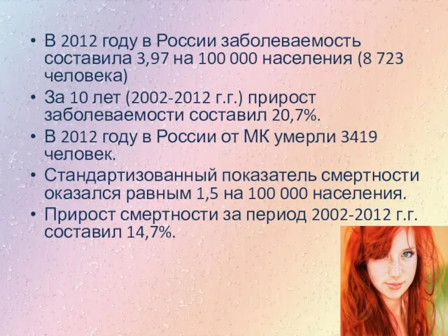 В 2012 году в России заболеваемость составила 3,97 на 100 000 населения