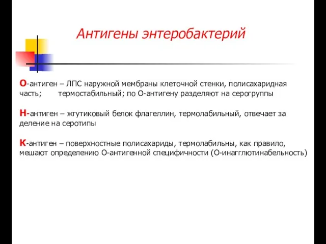 Антигены энтеробактерий О-антиген – ЛПС наружной мембраны клеточной стенки, полисахаридная часть; термостабильный;
