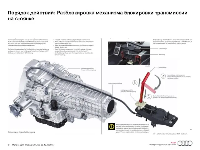 Мелани Эртл (Melanie Ertl), GS-23, 12.10.2015 Порядок действий: Разблокировка механизма блокировки трансмиссии на стоянке