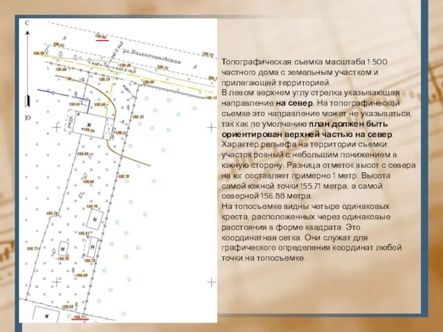 Топографическая съемка масштаба 1:500 частного дома с земельным участком и прилегающей территорией.