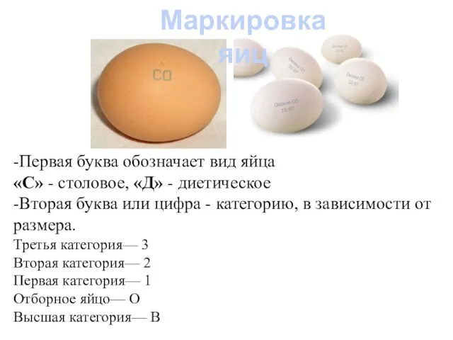-Первая буква обозначает вид яйца «С» - столовое, «Д» - диетическое -Вторая