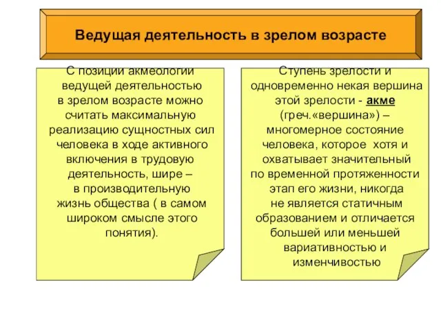 . Ведущая деятельность в зрелом возрасте Ступень зрелости и одновременно некая вершина