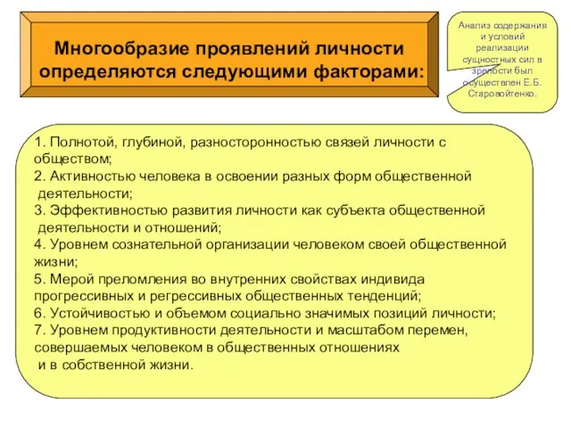 Анализ содержания и условий реализации сущностных сил в зрелости был осуществлен Е.Б.Старовойтенко.