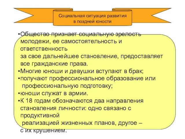 Социальная ситуация развития в поздней юности Общество признает социальную зрелость молодежи, ее