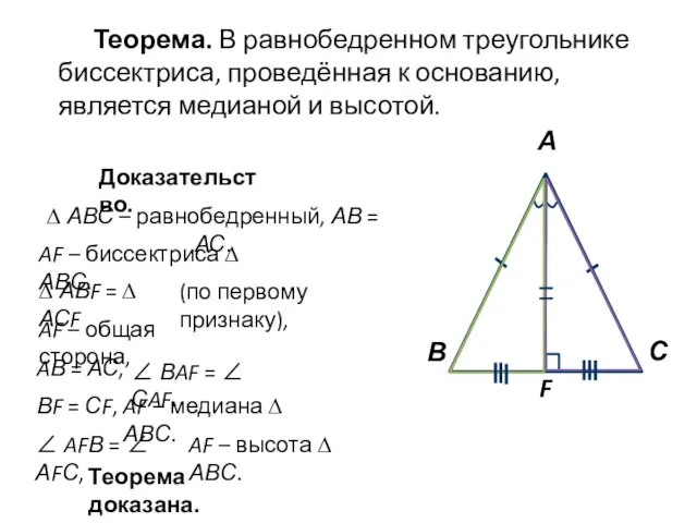 Теорема. В равнобедренном треугольнике биссектриса, проведённая к основанию, является медианой и высотой.
