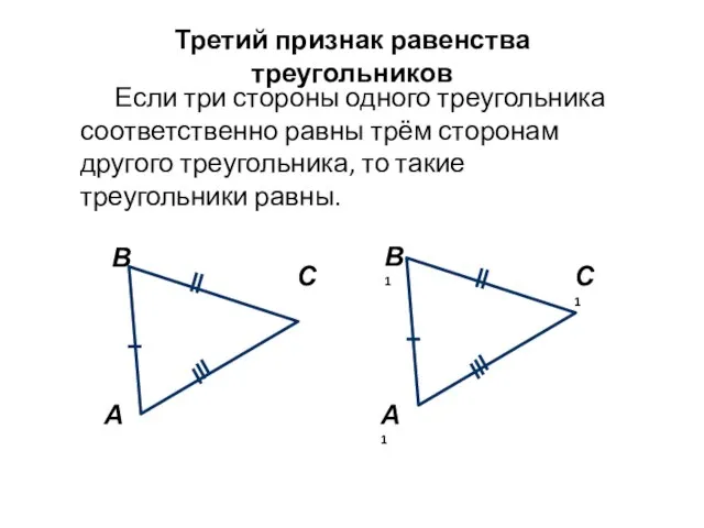 Третий признак равенства треугольников Если три стороны одного треугольника соответственно равны трём