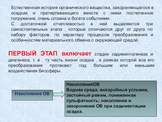 Накопление ОВ НакоплениеОВ Водная среда, анаэробные условия, застойный режим, пониженная сульфатность; накопление