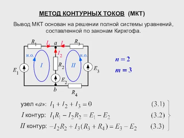 МЕТОД КОНТУРНЫХ ТОКОВ (МКТ) Вывод МКТ основан на решении полной системы уравнений, составленной по законам Кирхгофа.
