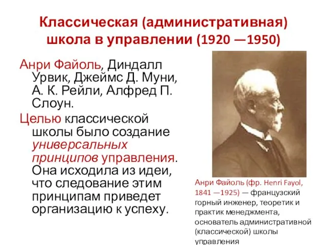 Классическая (административная) школа в управлении (1920 —1950) Анри Файоль, Диндалл Урвик, Джеймс