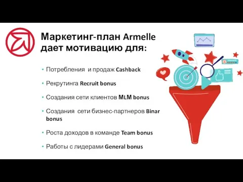 Маркетинг-план Armelle дает мотивацию для: Потребления и продаж Cashback Рекрутинга Recruit bonus