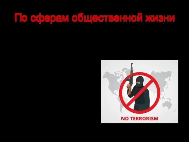 По сферам общественной жизни политический терроризм социальный (левый, правый) национальный территориально-сепаратистский мировоззренческий уголовный.