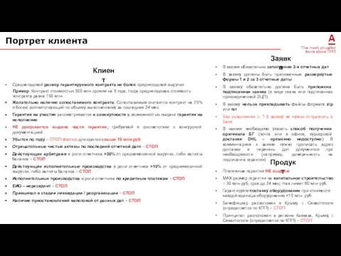 Портрет клиента Заявка В заявке обязательно заполнение 3-х отчетных дат В заявку