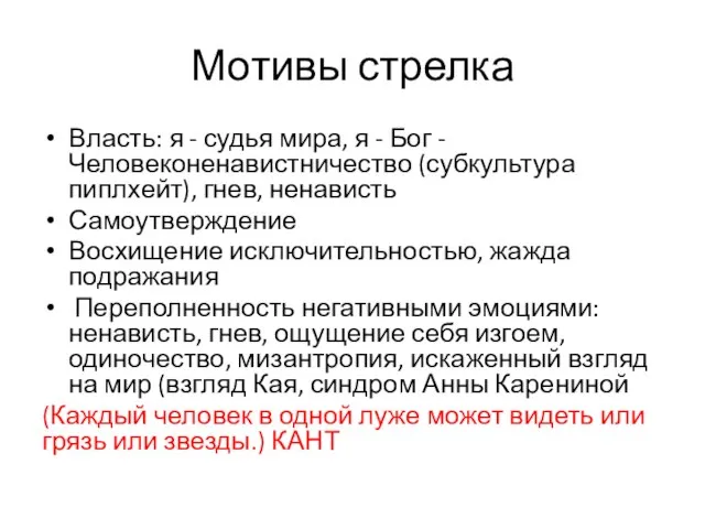 Мотивы стрелка Власть: я - судья мира, я - Бог -Человеконенавистничество (субкультура