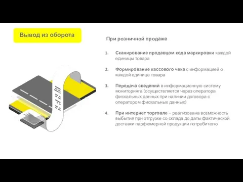 Вывод из оборота При розничной продаже Сканирование продавцом кода маркировки каждой единицы