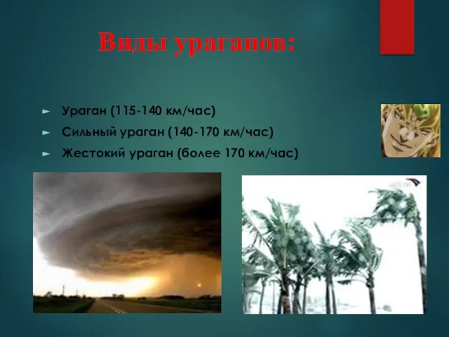 Виды ураганов: Ураган (115-140 км/час) Сильный ураган (140-170 км/час) Жестокий ураган (более 170 км/час)