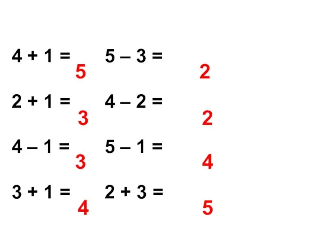 Игра «Считаю, отвечаю» 4 + 1 = 5 – 3 = 2