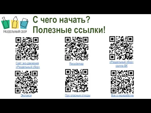 С чего начать? Полезные ссылки! Сайт эко-движения «Раздельный сбор» Recyclemap «Раздельный сбор»