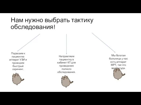 Нам нужно выбрать тактику обследования! Подвозим к пациентке аппарат УЗИ и проводим